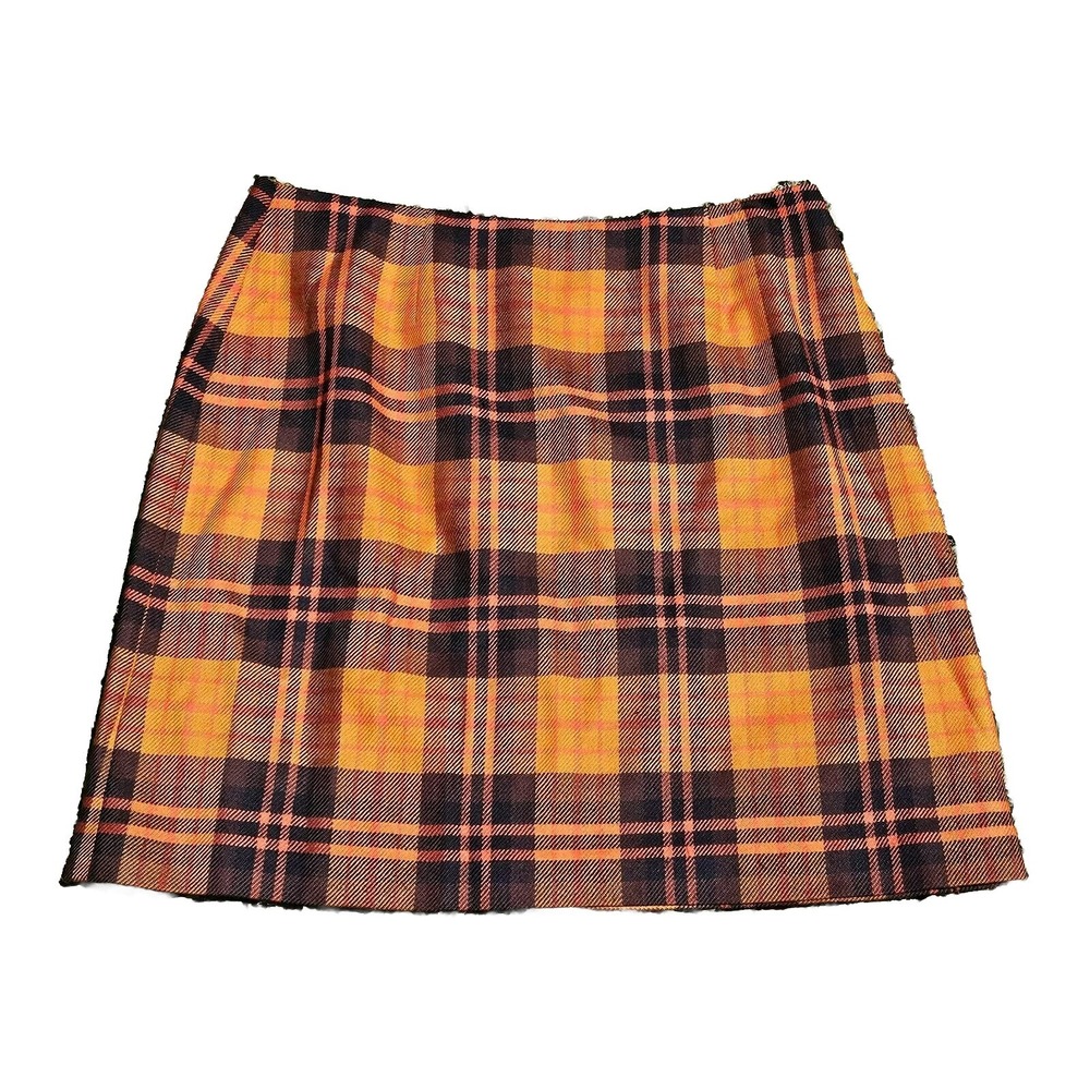 Vintage Henri Bendel New York Orange & Navy Plaid 100% Wool Tweed Skirt Size M